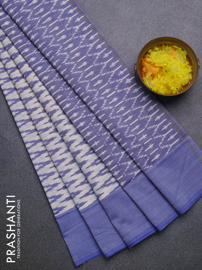 Ikat cotton saree off white and blue with allover zig zag weaves and simple border without blouse
