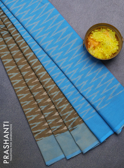 Ikat cotton saree grey shade and light blue with allover zig zag weaves and simple border without blouse