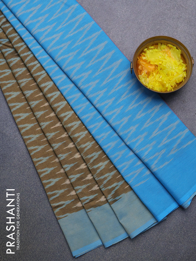 Ikat cotton saree grey shade and light blue with allover zig zag weaves and simple border without blouse