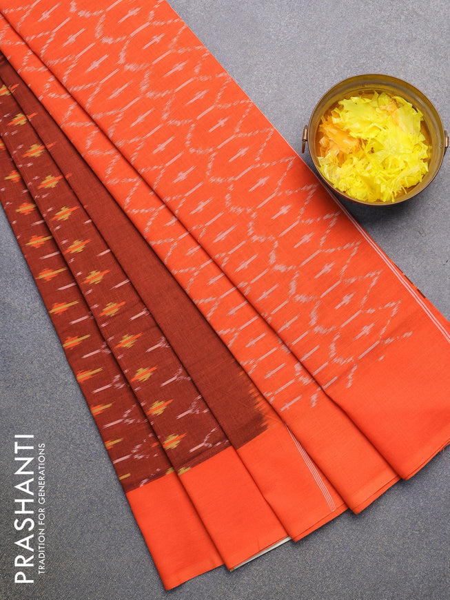 Ikat cotton saree rust shade and orange with allover ikat weaves and simple border without blouse