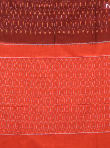 Ikat cotton saree rust shade and orange with allover ikat weaves and simple border without blouse