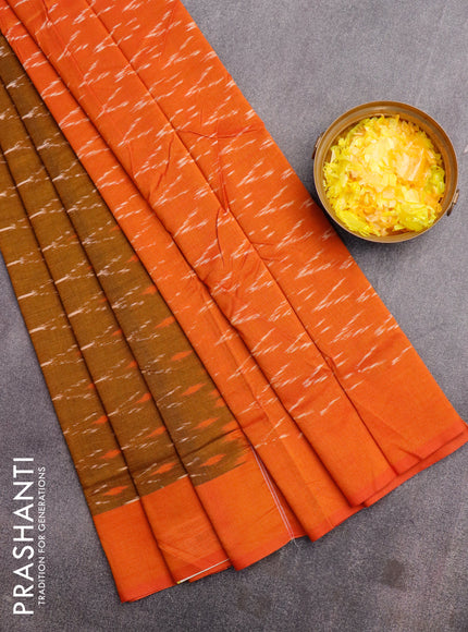 Ikat cotton saree dark mustard and rust shade with allover ikat weaves and simple border without blouse