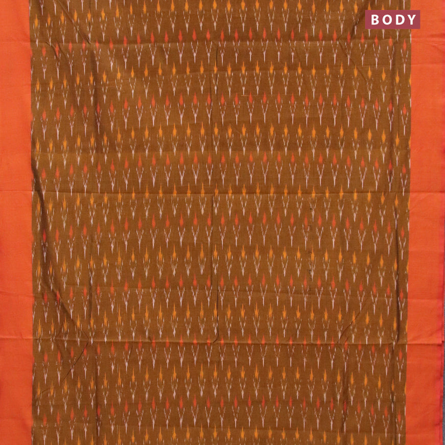 Ikat cotton saree dark mustard and rust shade with allover ikat weaves and simple border without blouse