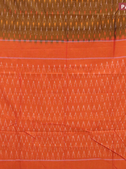 Ikat cotton saree dark mustard and rust shade with allover ikat weaves and simple border without blouse