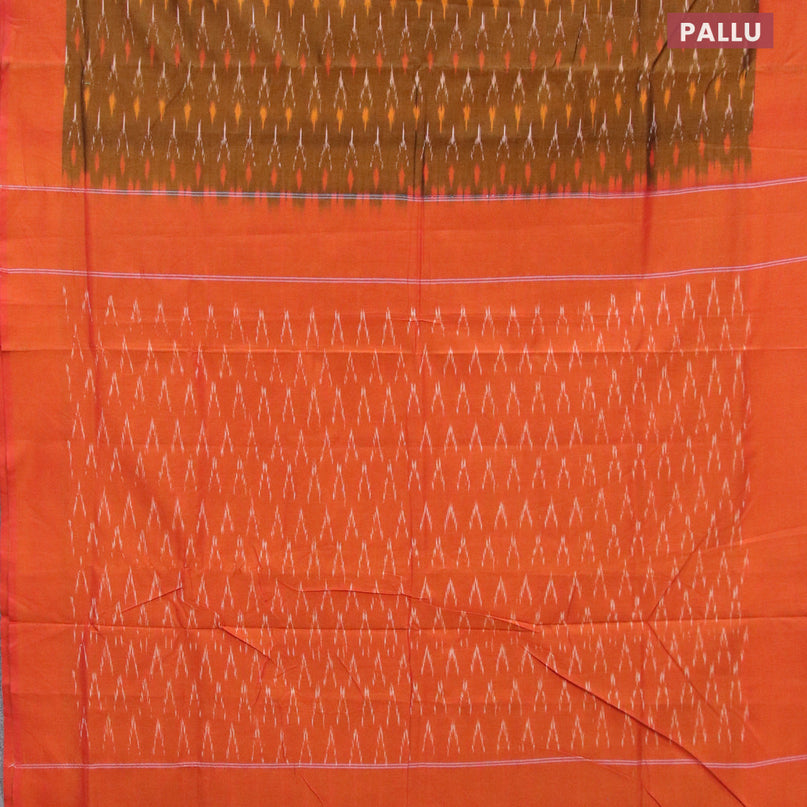 Ikat cotton saree dark mustard and rust shade with allover ikat weaves and simple border without blouse