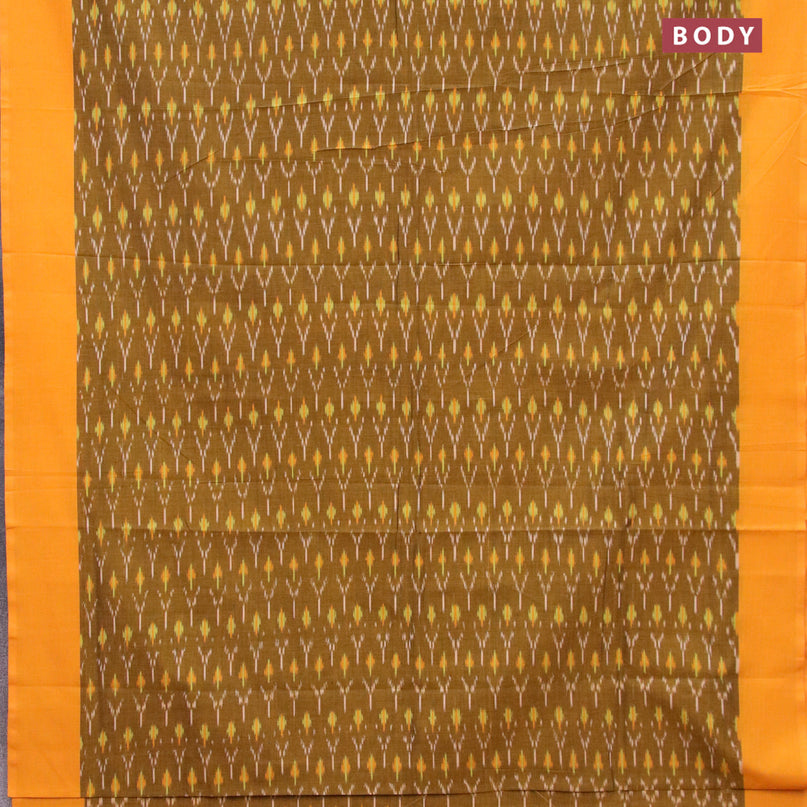 Ikat cotton saree mehendi green and yellow with allover ikat weaves and simple border without blouse