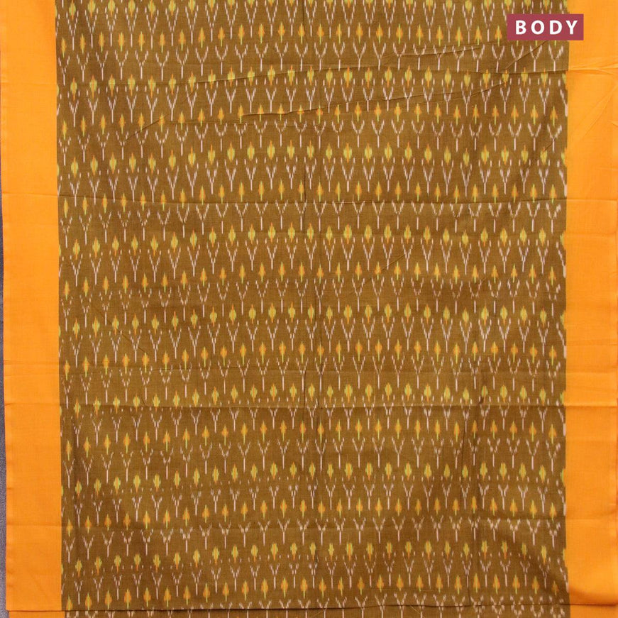 Ikat cotton saree mehendi green and yellow with allover ikat weaves and simple border without blouse