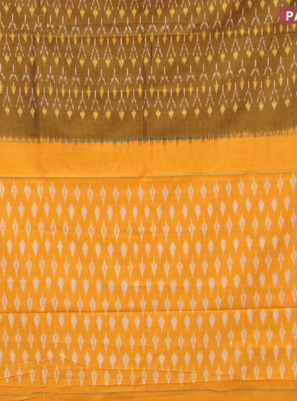 Ikat cotton saree mehendi green and yellow with allover ikat weaves and simple border without blouse