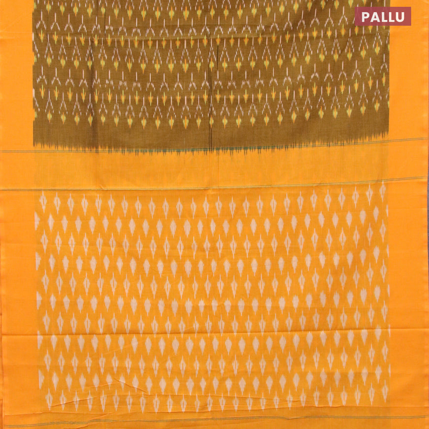Ikat cotton saree mehendi green and yellow with allover ikat weaves and simple border without blouse