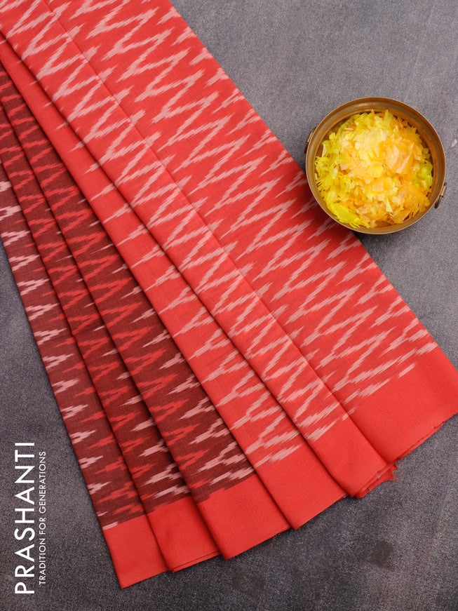Ikat cotton saree maroon and red with allover zig zag weaves and simple border without blouse