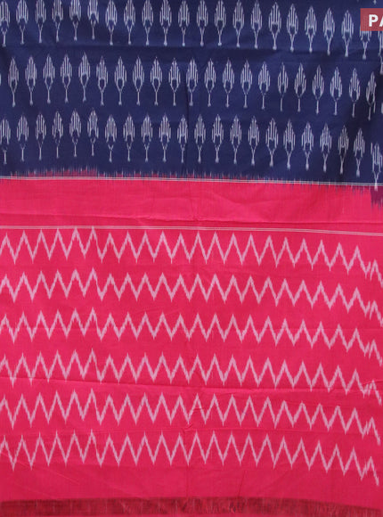 Ikat cotton saree dark peacock blue and pink with allover ikat butta weaves and simple border without blouse