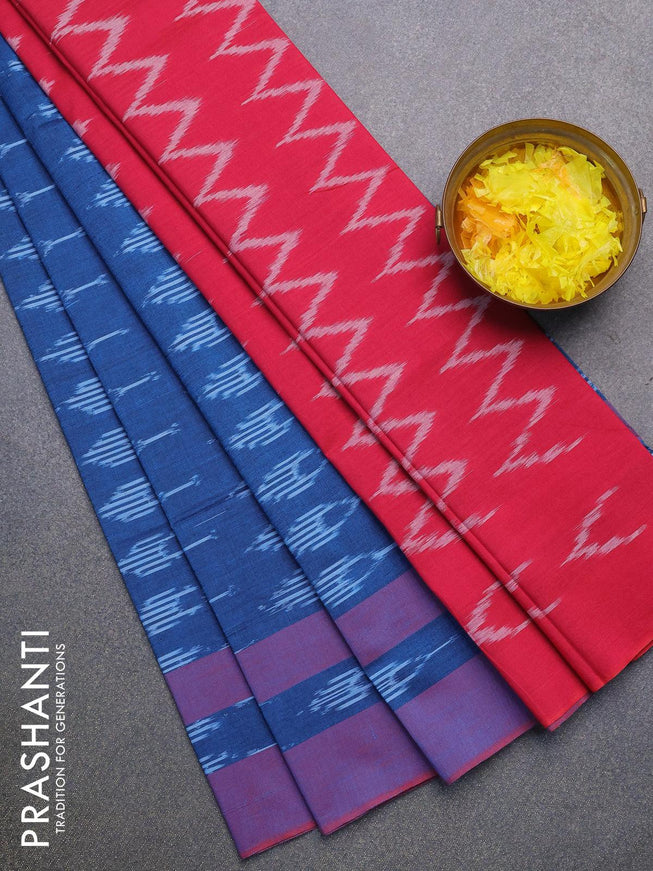 Ikat cotton saree peacock blue and pink with allover ikat butta weaves and simple border without blouse