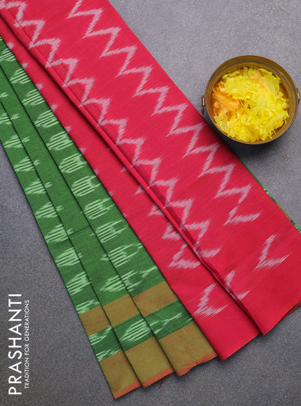 Ikat cotton saree green and pink with allover ikat butta weaves and simple border without blouse