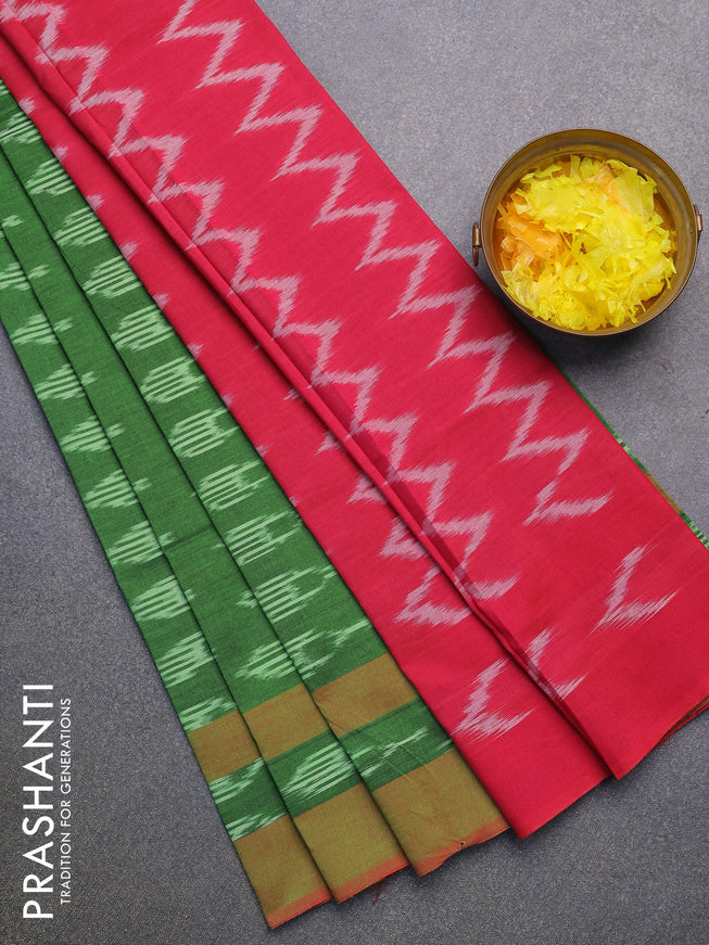 Ikat cotton saree green and pink with allover ikat butta weaves and simple border without blouse