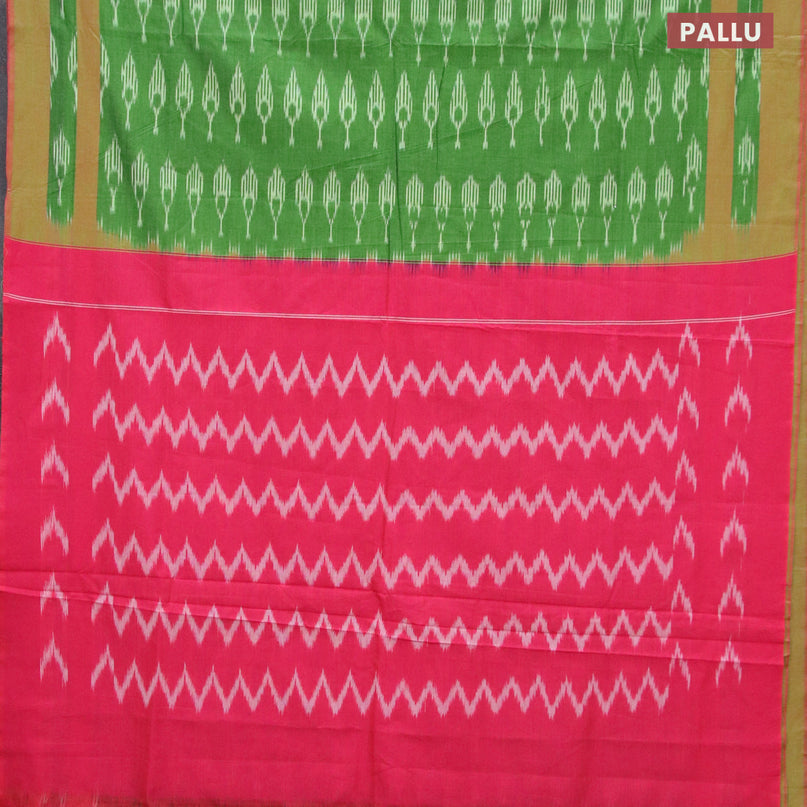 Ikat cotton saree green and pink with allover ikat butta weaves and simple border without blouse