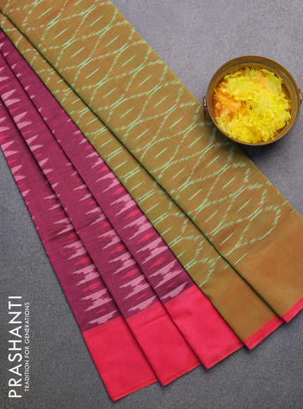 Ikat cotton saree wine shade and pink with allover ikat weaves and simple border without blouse