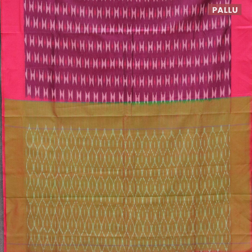 Ikat cotton saree wine shade and pink with allover ikat weaves and simple border without blouse