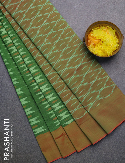 Ikat cotton saree green and dual shade of pinkish green with allover ikat weaves and simple border without blouse