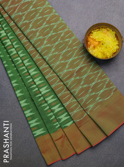 Ikat cotton saree green and dual shade of pinkish green with allover ikat weaves and simple border without blouse