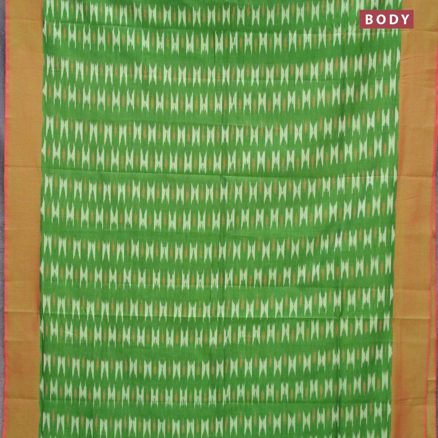 Ikat cotton saree green and dual shade of pinkish green with allover ikat weaves and simple border without blouse