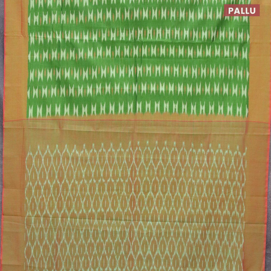 Ikat cotton saree green and dual shade of pinkish green with allover ikat weaves and simple border without blouse