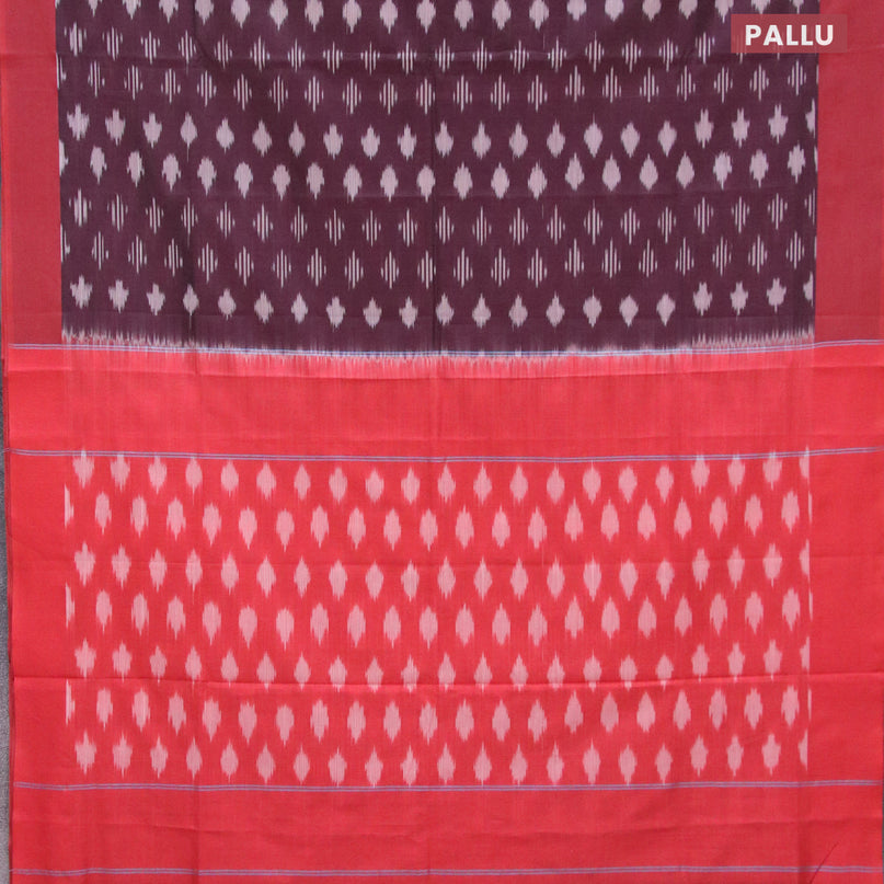 Ikat cotton saree deep maroon and red with allover ikat butta weaves and simple border without blouse