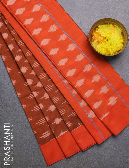 Ikat cotton saree rustic orange and orange with allover ikat butta weaves and simple border without blouse