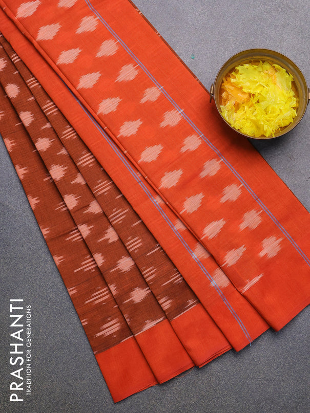 Ikat cotton saree rustic orange and orange with allover ikat butta weaves and simple border without blouse