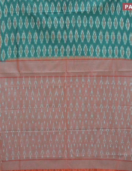 Ikat cotton saree green and dual shade of orange with allover ikat butta weaves and simple border without blouse