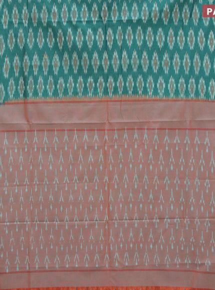 Ikat cotton saree green and dual shade of orange with allover ikat butta weaves and simple border without blouse