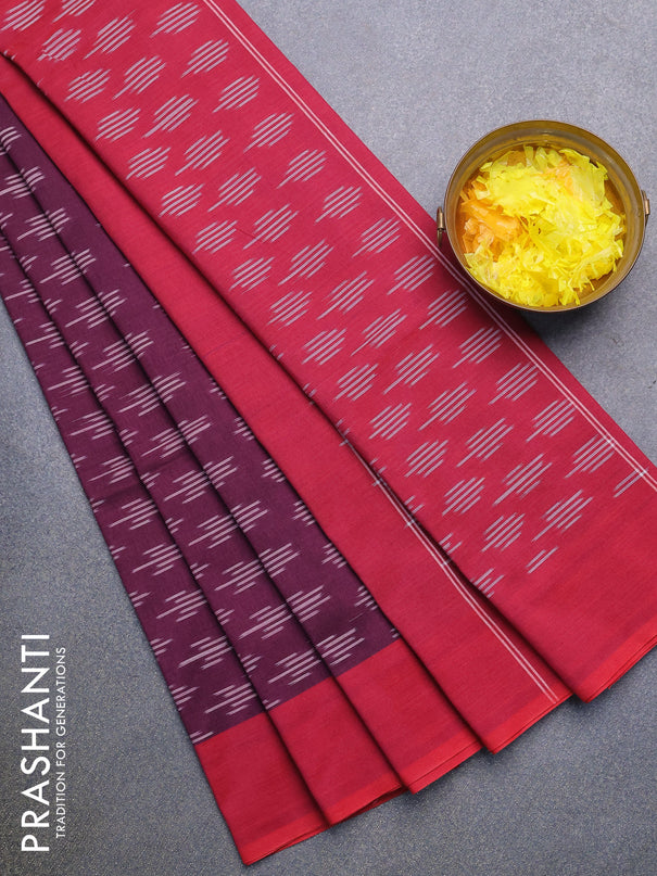 Ikat cotton saree wine shade and red with allover ikat butta weaves and simple border without blouse