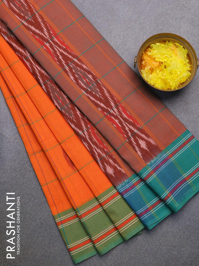 Ikat cotton saree orange and teal green with checked pattern & ikat butta weaves and ikat woven border with blouse