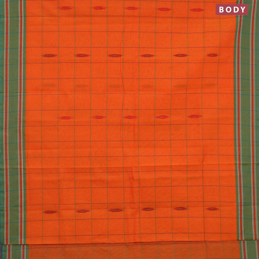 Ikat cotton saree orange and teal green with checked pattern & ikat butta weaves and ikat woven border with blouse