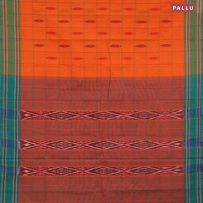 Ikat cotton saree orange and teal green with checked pattern & ikat butta weaves and ikat woven border with blouse