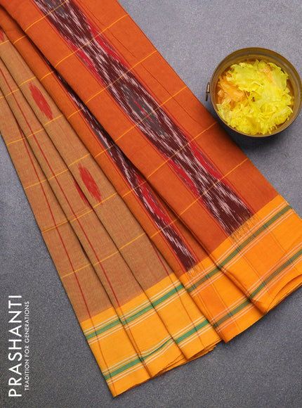 Ikat cotton saree rust shade and mango yellow with checked pattern & ikat butta weaves and ikat woven border with blouse