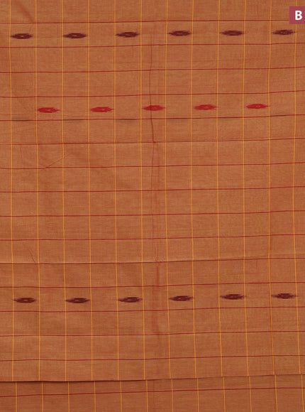 Ikat cotton saree rust shade and mango yellow with checked pattern & ikat butta weaves and ikat woven border with blouse