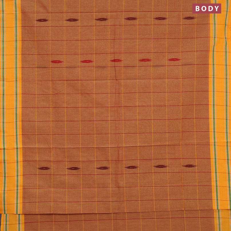 Ikat cotton saree rust shade and mango yellow with checked pattern & ikat butta weaves and ikat woven border with blouse