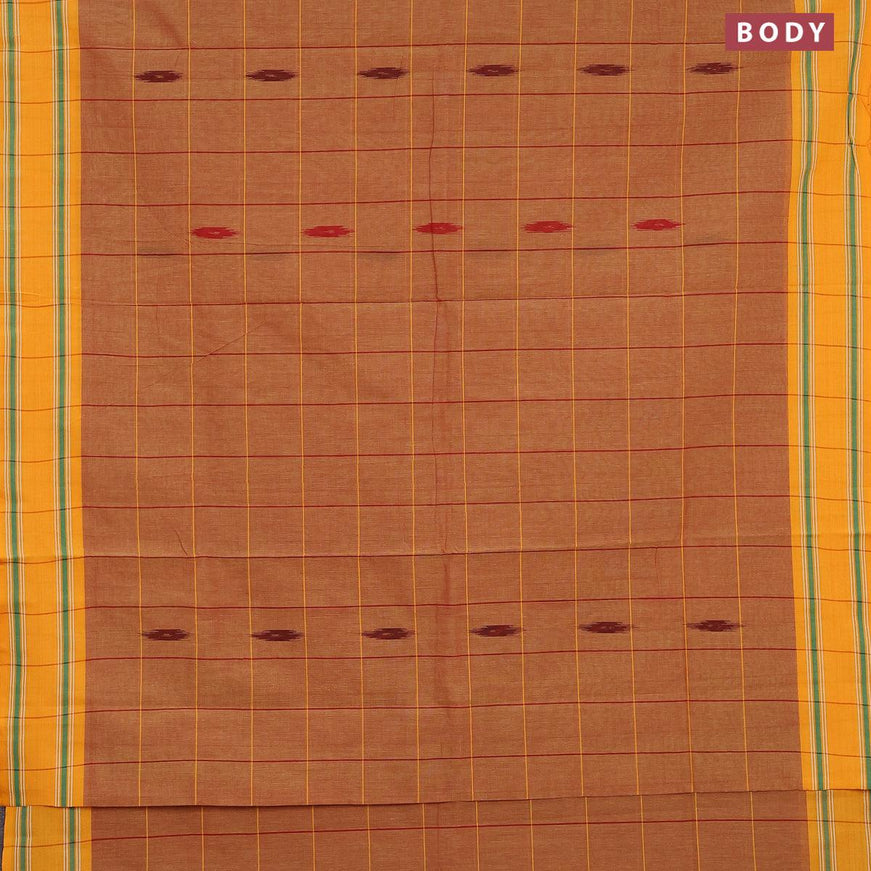 Ikat cotton saree rust shade and mango yellow with checked pattern & ikat butta weaves and ikat woven border with blouse