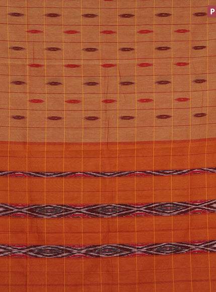 Ikat cotton saree rust shade and mango yellow with checked pattern & ikat butta weaves and ikat woven border with blouse