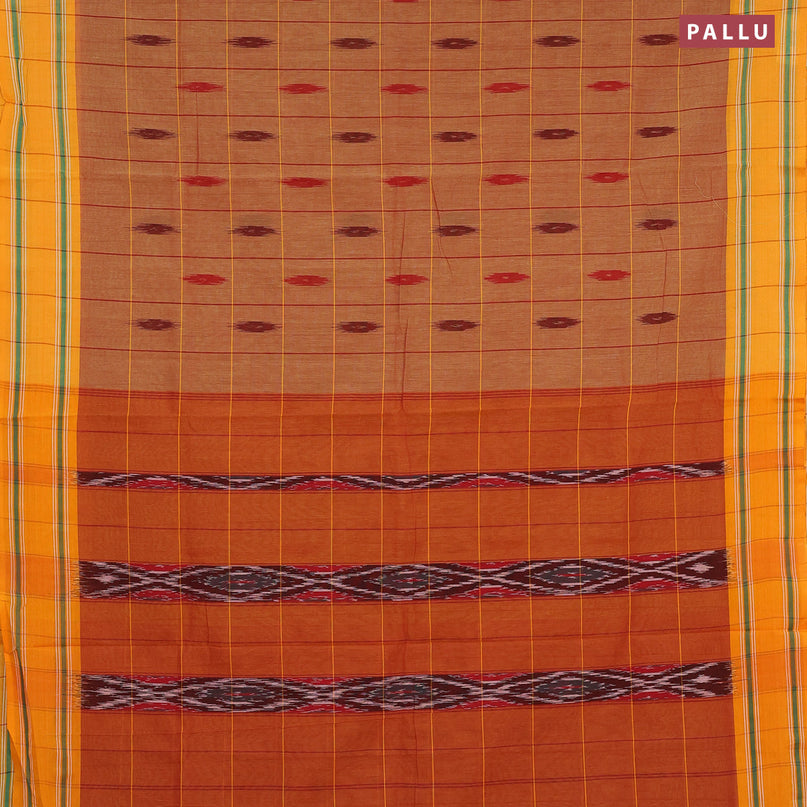 Ikat cotton saree rust shade and mango yellow with checked pattern & ikat butta weaves and ikat woven border with blouse