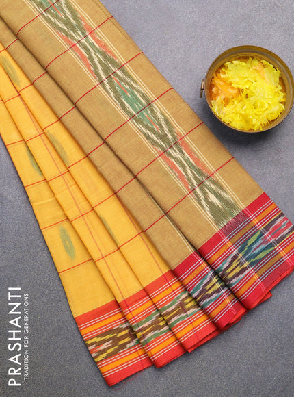 Ikat cotton saree yellow and red with checked pattern & ikat butta weaves and ikat woven border with blouse