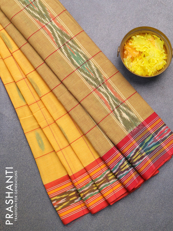 Ikat cotton saree yellow and red with checked pattern & ikat butta weaves and ikat woven border with blouse