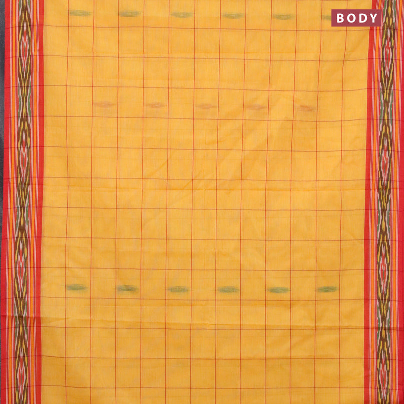 Ikat cotton saree yellow and red with checked pattern & ikat butta weaves and ikat woven border with blouse