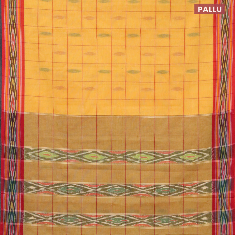 Ikat cotton saree yellow and red with checked pattern & ikat butta weaves and ikat woven border with blouse