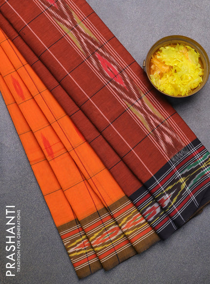 Ikat cotton saree orange and dark mustard with checked pattern & ikat butta weaves and ikat woven border with blouse