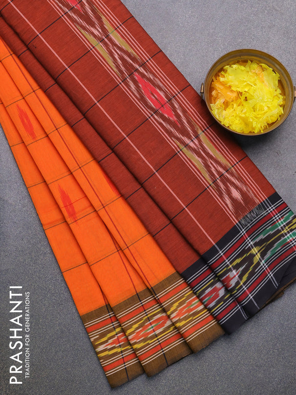 Ikat cotton saree orange and dark mustard with checked pattern & ikat butta weaves and ikat woven border with blouse