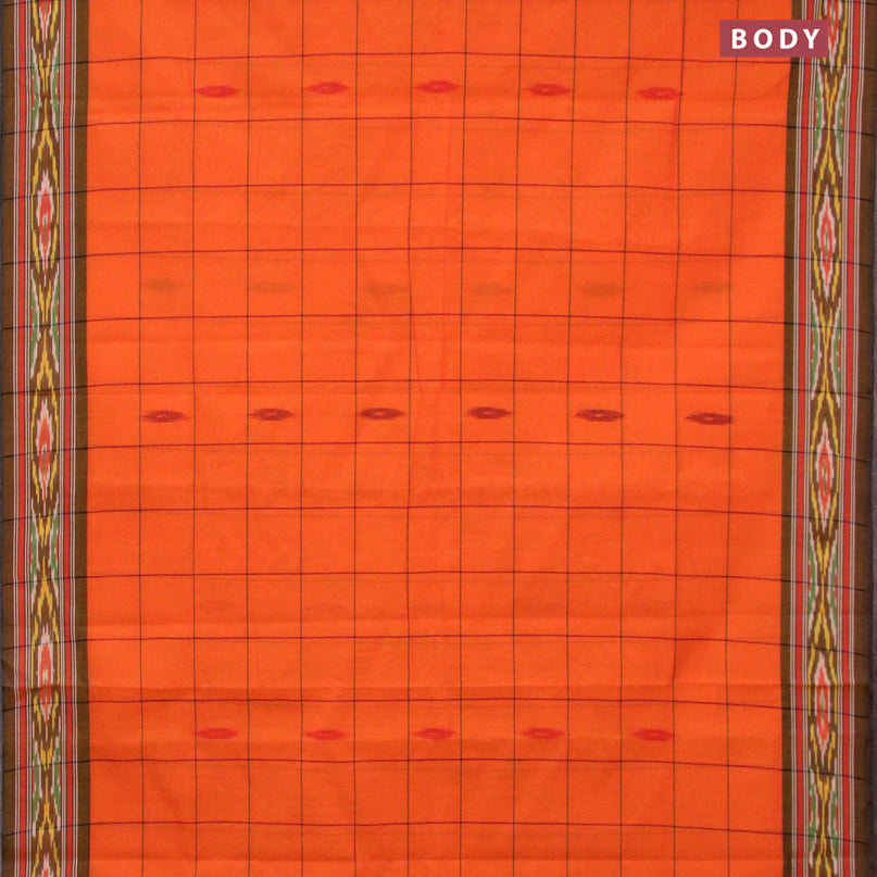 Ikat cotton saree orange and dark mustard with checked pattern & ikat butta weaves and ikat woven border with blouse