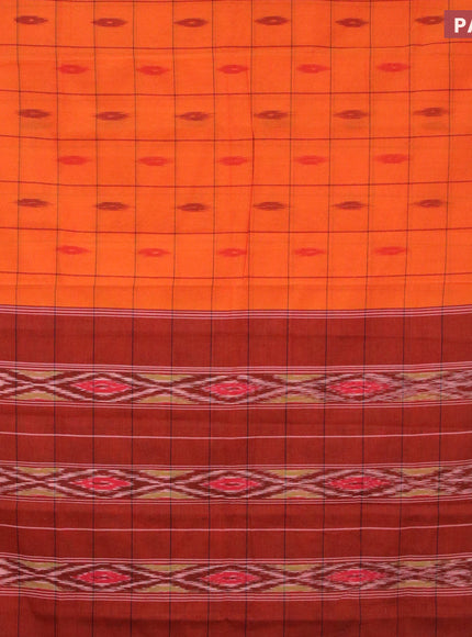 Ikat cotton saree orange and dark mustard with checked pattern & ikat butta weaves and ikat woven border with blouse