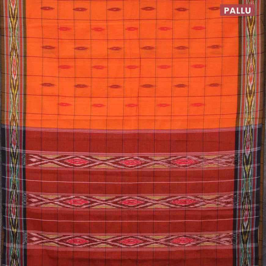 Ikat cotton saree orange and dark mustard with checked pattern & ikat butta weaves and ikat woven border with blouse