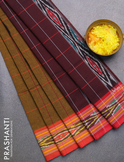 Ikat cotton saree dark mustard and red with checked pattern & ikat butta weaves and ikat woven border with blouse